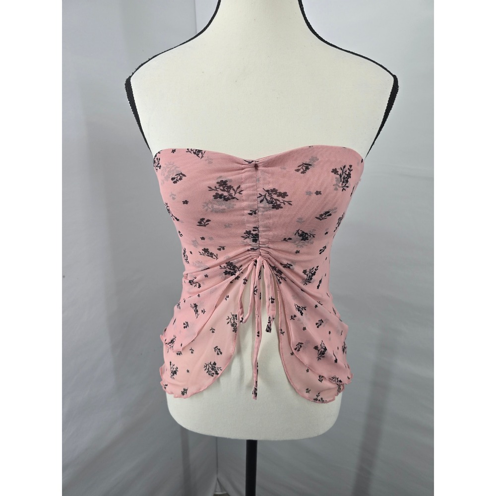 Pink Floral Mesh Tube Top Ruched Drawstring Strapless XS